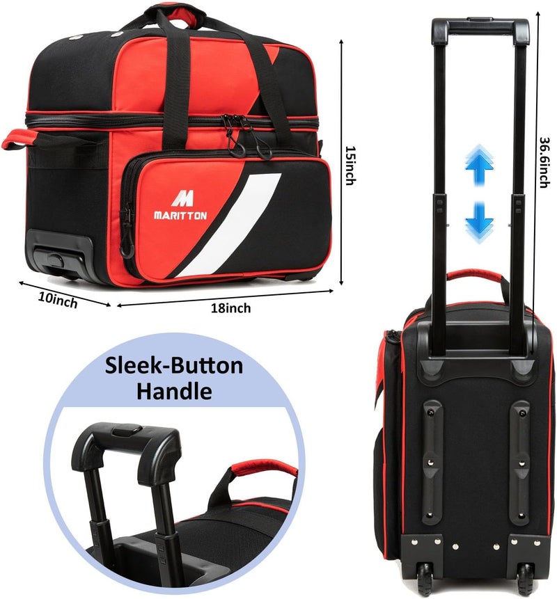MARITTON Bowling Bag with Wheels Double Roller 2 Ball Bowling Separate Shoe Compartment and Oversized Accessory Pocket, 36.6" Extendable Handle. - Image 4